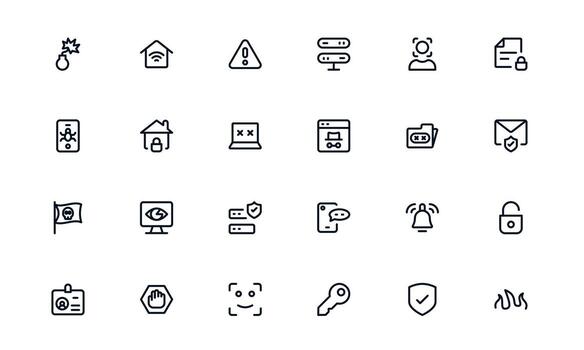 Security icon set showing threat detection, alert notifications, and monitoring for protected systems vector