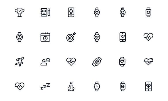 Health Tracker icon set representing medical checkups, hydration monitoring, fitness progress, and daily activity tracking vector
