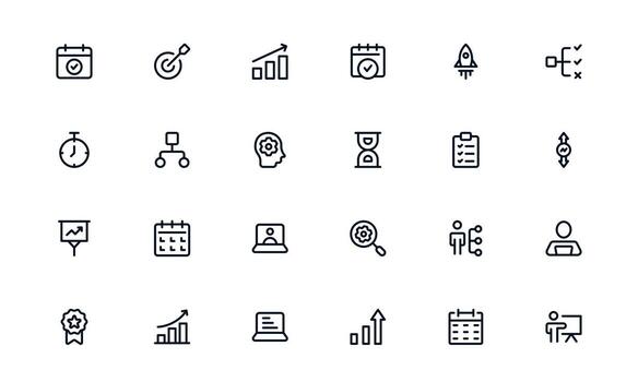 Productivity icon set depicting organized task lists, project timelines, and daily planning for better efficiency and productivity tracking vector