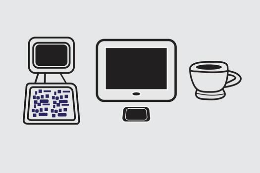 Retro and modern computer with coffee cup isolated on white background vector