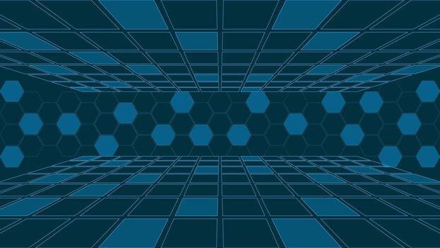 Abstract 3D background featuring blue hexagon shapes and geometric grid perspective, ideal for technology, innovation, science, research, and digital design themes vector