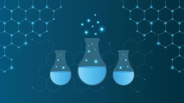 Abstract chemistry background featuring glowing blue laboratory flasks with molecular hexagon patterns, ideal for science, research, medical, and technology themed designs vector