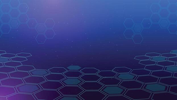 Modern futuristic background featuring glowing hexagon grid over a blue purple gradient sky with digital particles, perfect for technology, innovation, and science concepts vector