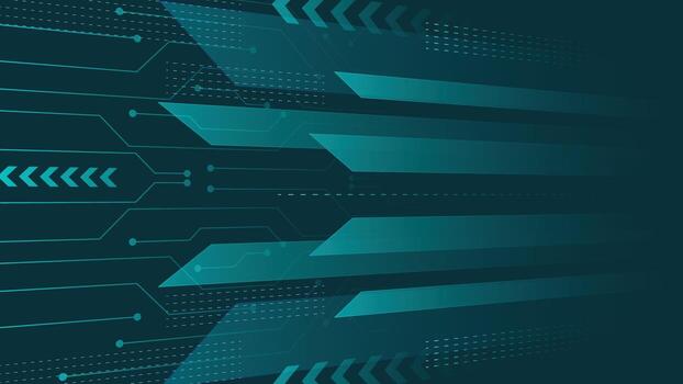 Modern abstract technology background featuring geometric arrows and circuit line patterns in teal tones, perfect for digital interfaces, innovation, and tech presentation themes vector