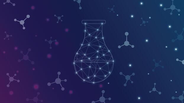 resumen digital química antecedentes presentando un brillante polígono matraz con molecular patrones y suave degradado luz, Perfecto para ciencia, investigación, y innovación temas vector