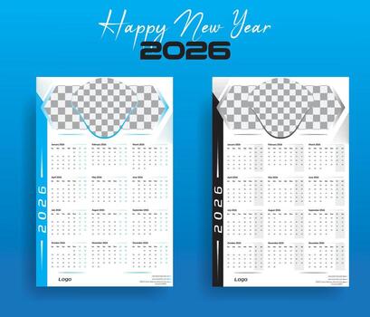 moderno 2026 una página pared calendario diseño modelo con viajero foto, azul y negro variantes, mínimo disposición, y contento nuevo año texto cubrir calendario, 12 meses plantillas. semana empieza desde domingo. vector