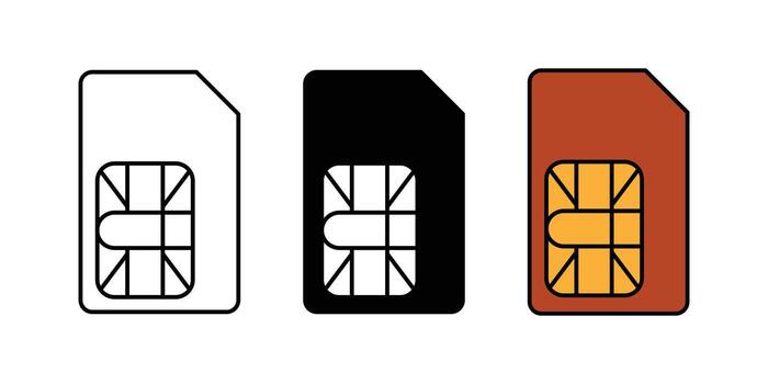 sim cards in color outline and solid black icon set. sim card icon sign. SIM icon set in different style illustration on white background. vector