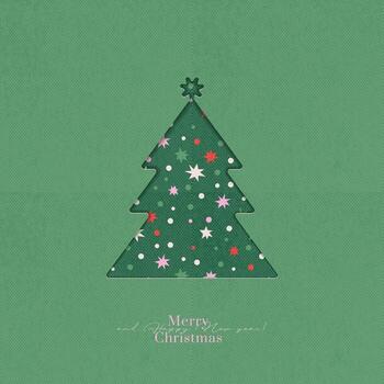 Christmas tree paper cutting card. Merry Christmas kraft cardboard with hole in pine tree shape with geometric pattern inside. Flat background with Green Christmas tree. illustration vector