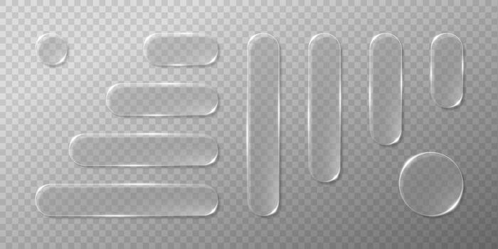 Futuristic frosted glass buttons and panels with glossy reflection and soft blur. Minimal 3D interface for app, website or HUD. Elegant glassmorphism UI design elements. vector