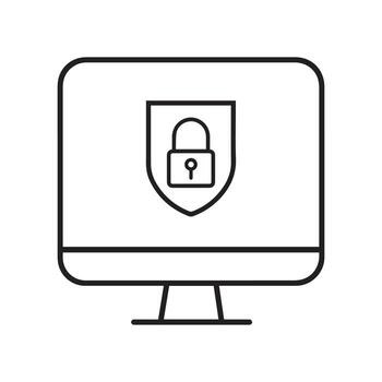Computer screen icon with shield and lock symbol representing digital security and data protection vector