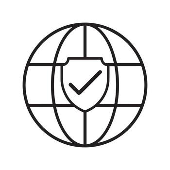 Secure global network icon with shield and checkmark symbol, representing internet security and data protection. vector