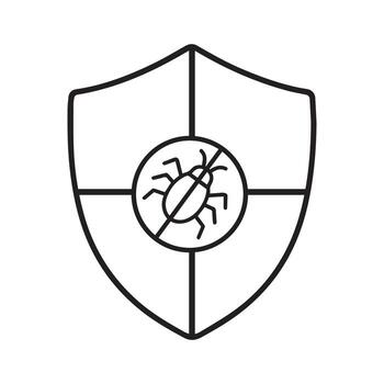 Antivirus shield icon with bug symbol inside a circle indicating protection from malware and cyber threats. vector