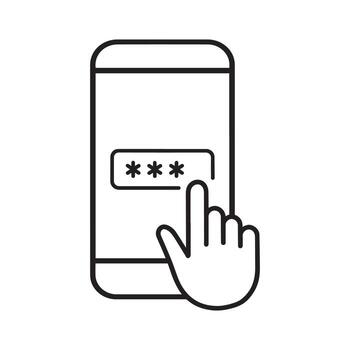 Smartphone screen displays asterisks in password field as finger icon clicks to enter data, representing security. vector