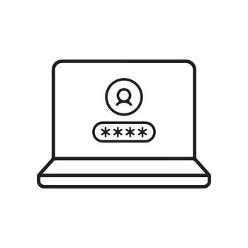 Laptop login screen with user icon and password input field showing asterisks for security. vector