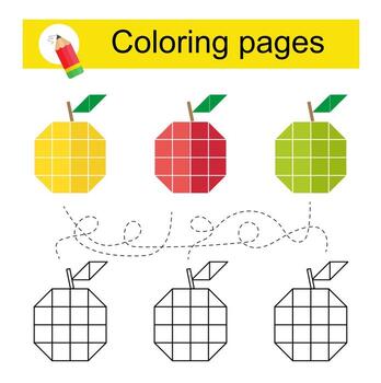 Educational game for kids. Go through the maze and color a cartoon apple according to the pattern. vector