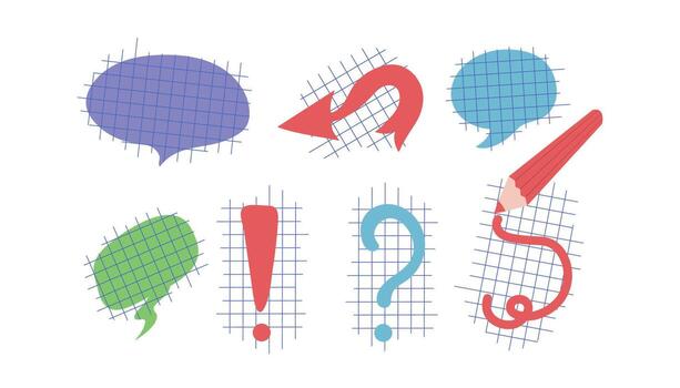 Empty speech bubbles for text, comments. Checkered background. Exclamation mark, pencil, question mark, arrow. Online chat bubbles, information form, reactions, educational concepts, and school chat. vector
