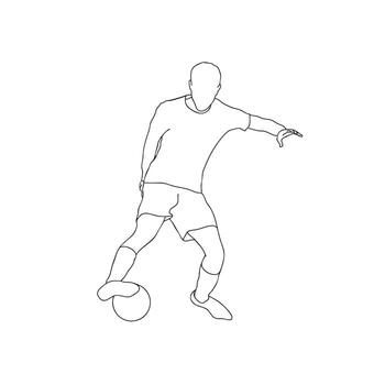 Line art soccer player with ball illustration hand drawn isolated on white background. Continuous line drawing of a football player. man playing soccer ball template vector
