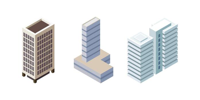 Isometric commercial and residential building. Modern architecture. Smart isometric building game assets. Business center building 3d render illustration with windows. Simple icon white colors. vector