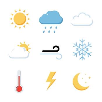 Collection of Weather Icons Representing Different Atmospheric Conditions. vector