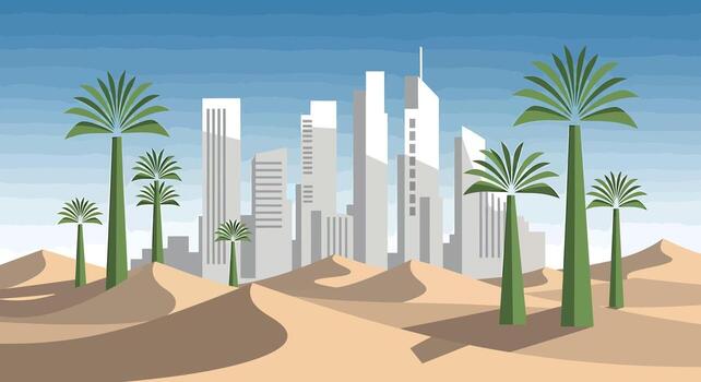 Modern City Skyline Emerging from Desert Dunes with Palm Trees. vector