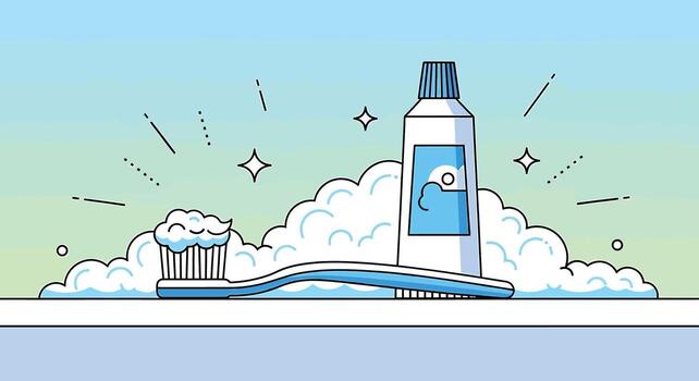 Toothbrush and toothpaste with foam and sparkles. vector