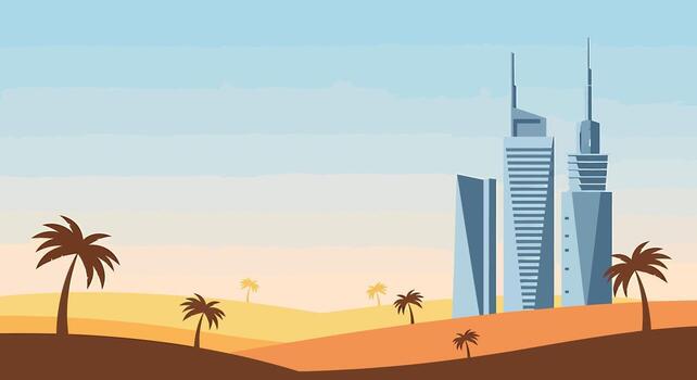 moderno paisaje urbano con palma arboles en Desierto paisaje. moderno ciudad horizonte emergente desde Desierto dunas con palma arboles ilustración. vector