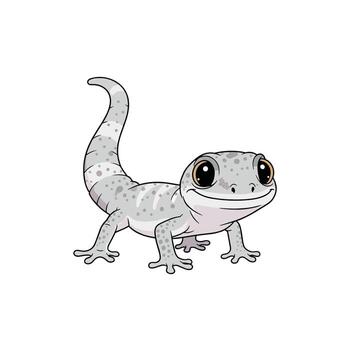An adorable and friendly cartoon grey gecko with big, expressive eyes and a spotted pattern stands smiling cheerfully on a white background. vector