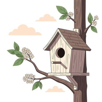 un encantador ilustración de un pajarera anidado en un árbol, rodeado por floreciente ramas y suave nubes vector