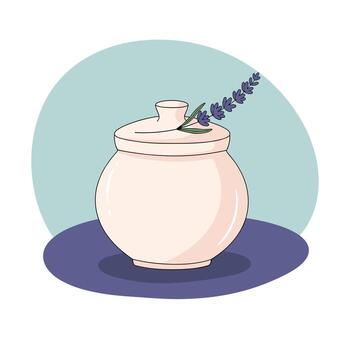 un sereno ilustración presentando un cerámico tarro adornado con un puntilla de lavanda, conjunto en contra un suave, apagado fondo, evocando tranquilidad y sencillez. vector