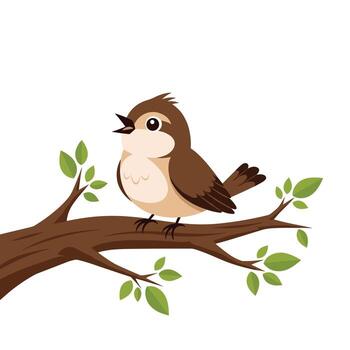 A cheerful cartoon bird with brown feathers is perched on a leafy tree branch, singing a happy song, against a white background. vector