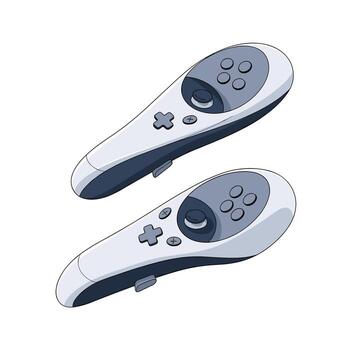 Two white and gray game controllers with buttons arranged in a row are shown on a white background. vector