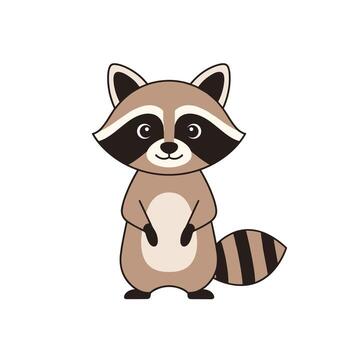 Cute cartoon raccoon standing upright with a friendly expression on its face, against a plain white background, ideal for various design uses. vector