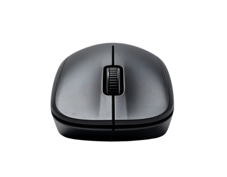 Black wireless computer mouse front view with scroll wheel and buttons, modern office peripheral device on isolated background png
