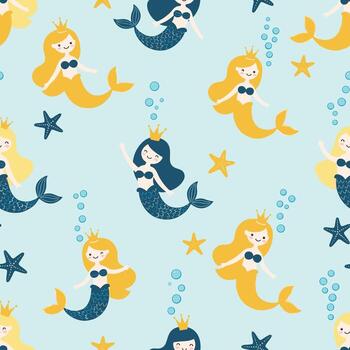 A whimsical seamless pattern featuring cute mermaids, starfish, and bubbles on a soft blue background, perfect for various creative projects. vector