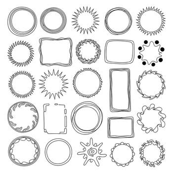 A collection of hand-drawn decorative frames and borders in various circular and rectangular shapes. vector
