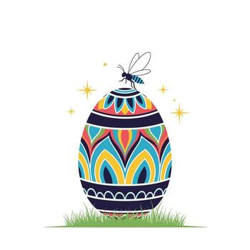 A colorful decorated Easter egg with a tiny bee on top, sparkling with stars, sitting on a patch of green grass. vector