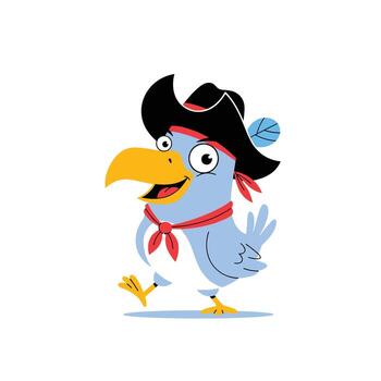 A cheerful cartoon pirate bird character walking forward, smiling and ready for adventure in a minimalistic design, on a white background. vector