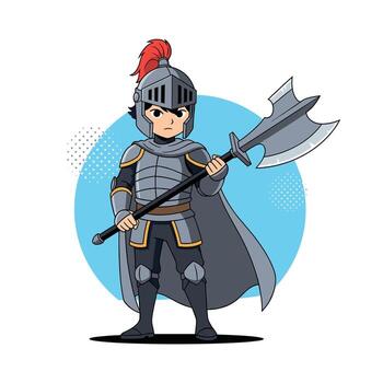 Chibi knight in armor holding a large axe in front of a blue circle. vector