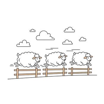 Three cartoon sheep with fluffy white wool jump over a wooden fence in a line art style, suggesting counting sheep to sleep. vector