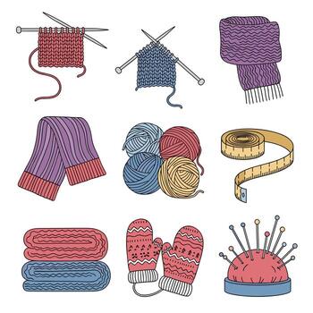 A collection of illustrations featuring knitting and crafting elements, ideal for creative projects and textile-related designs. vector