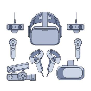 A schematic illustration of a virtual reality VR headset and its associated accessories, including controllers and sensors. vector
