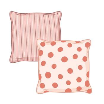 Two decorative pillows in pink with striped and polka dot patterns, isolated on a white background, design elements for print or web projects. vector