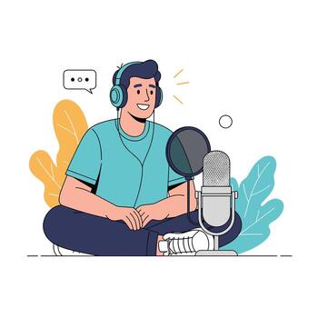 un podcaster grabación un espectáculo, sentado cruz, patas con auriculares y un micrófono en un estudio ajuste. vector
