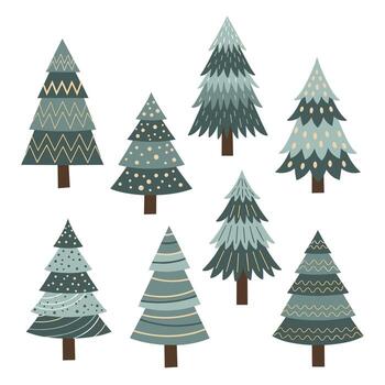 colección de estilizado Navidad arboles con varios patrones y sombras de verde y azul. vector