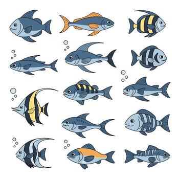 Collection of various cartoon fish in different colors and patterns underwater. vector