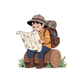 joven explorador estudiando mapa mientras sentado en un registro, Listo para aventuras en naturaleza. vector