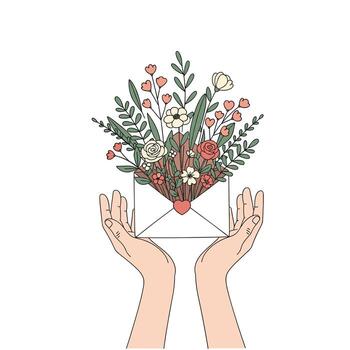 Two hands gently hold an open envelope overflowing with a bouquet of colorful flowers and greenery. vector