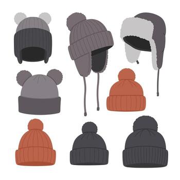 A collection of various warm winter hats, including beanies with pom-poms, ear flaps, and a trapper hat, in different styles and colors. vector