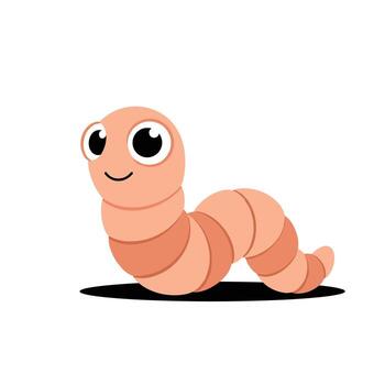 Cute cartoon worm smiling with large eyes and segmented body, crawling on black shadow, isolated on white background. vector