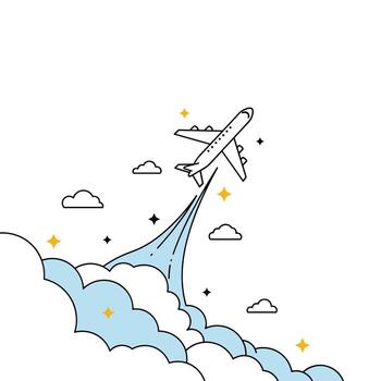 An airplane takes off into the sky, leaving a trail behind it as it soars above the clouds. vector